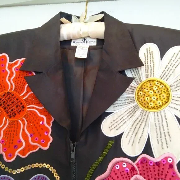 Y2K Vintage Black 100% Silk Jacket w Floral Textured Art Simply Stunning! Sz10 - Picture 7 of 14